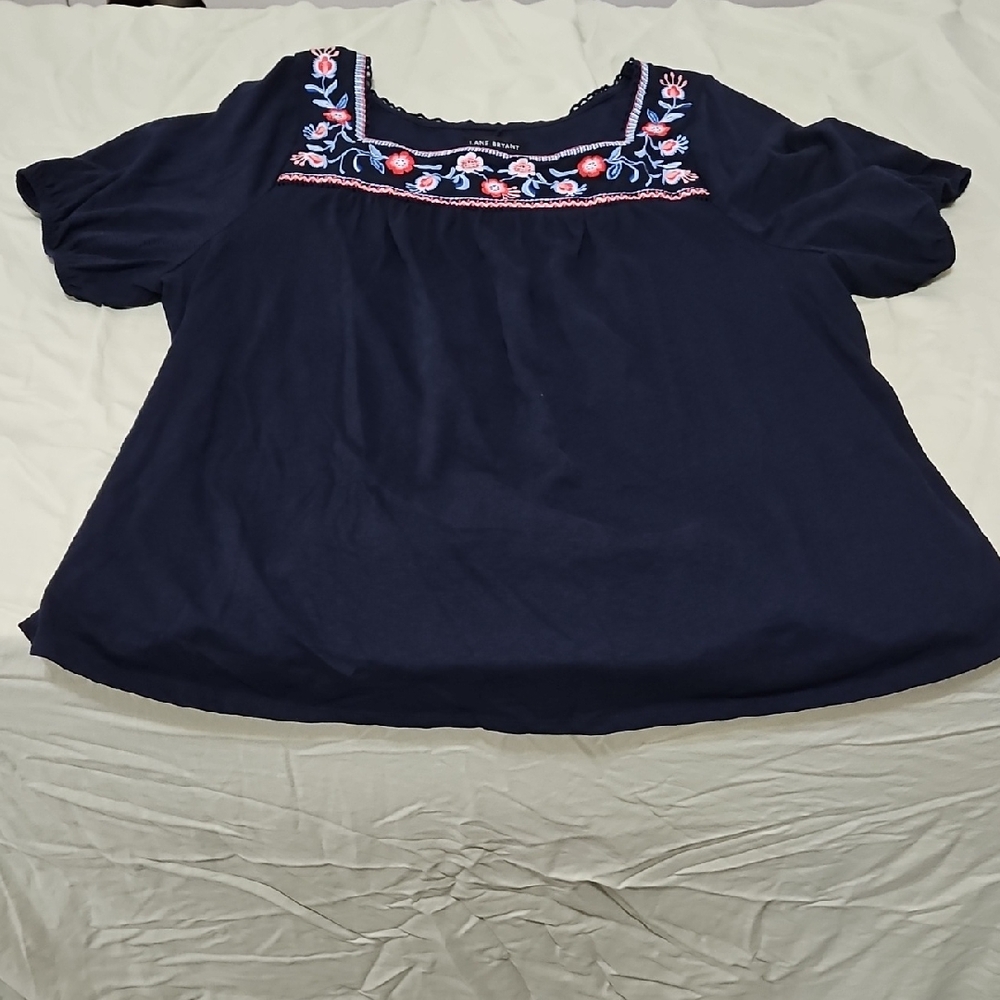 Lane Bryant Navy Blue Embroidered Blouse